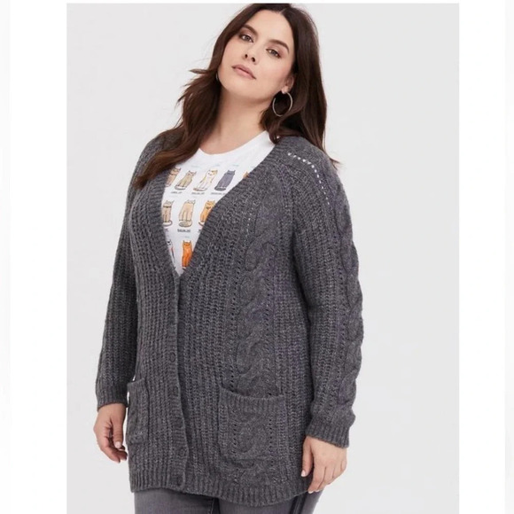Torrid plus size 2 2X Gray Cable Cardigan Sweater Grandpa Grey Wool Blend Cozy - Picture 2 of 8